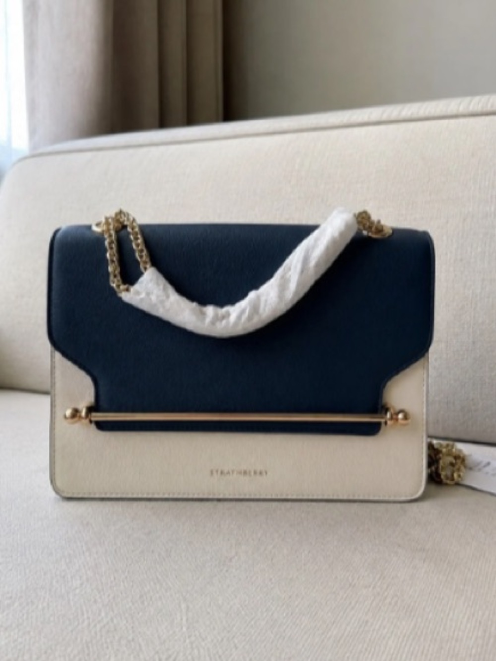 Strathberry Navy and Cream Leather Shoulder Bag with Gold Bar